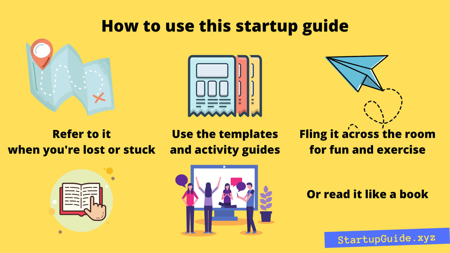 Infographic: How to use this startup guide. 1. Refer to it when you're lost or stuck. 2. Use the templates and activity guides.